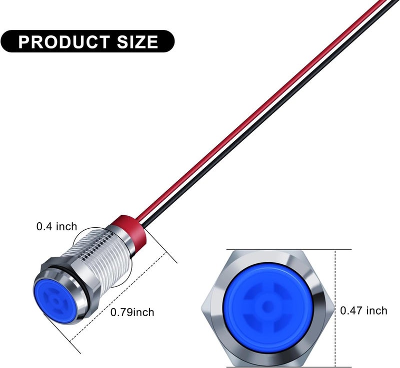 FICOLPO 10 Pcs LED Metal Waterproof Indicator Light, 12-24V 2/5'' Mounting Hole Pre-Wired Pilot Signal Light for Car, Trucks, Boats, Marine, Dash, Industrial Electricity (Blue, 10mm) - Image 3
